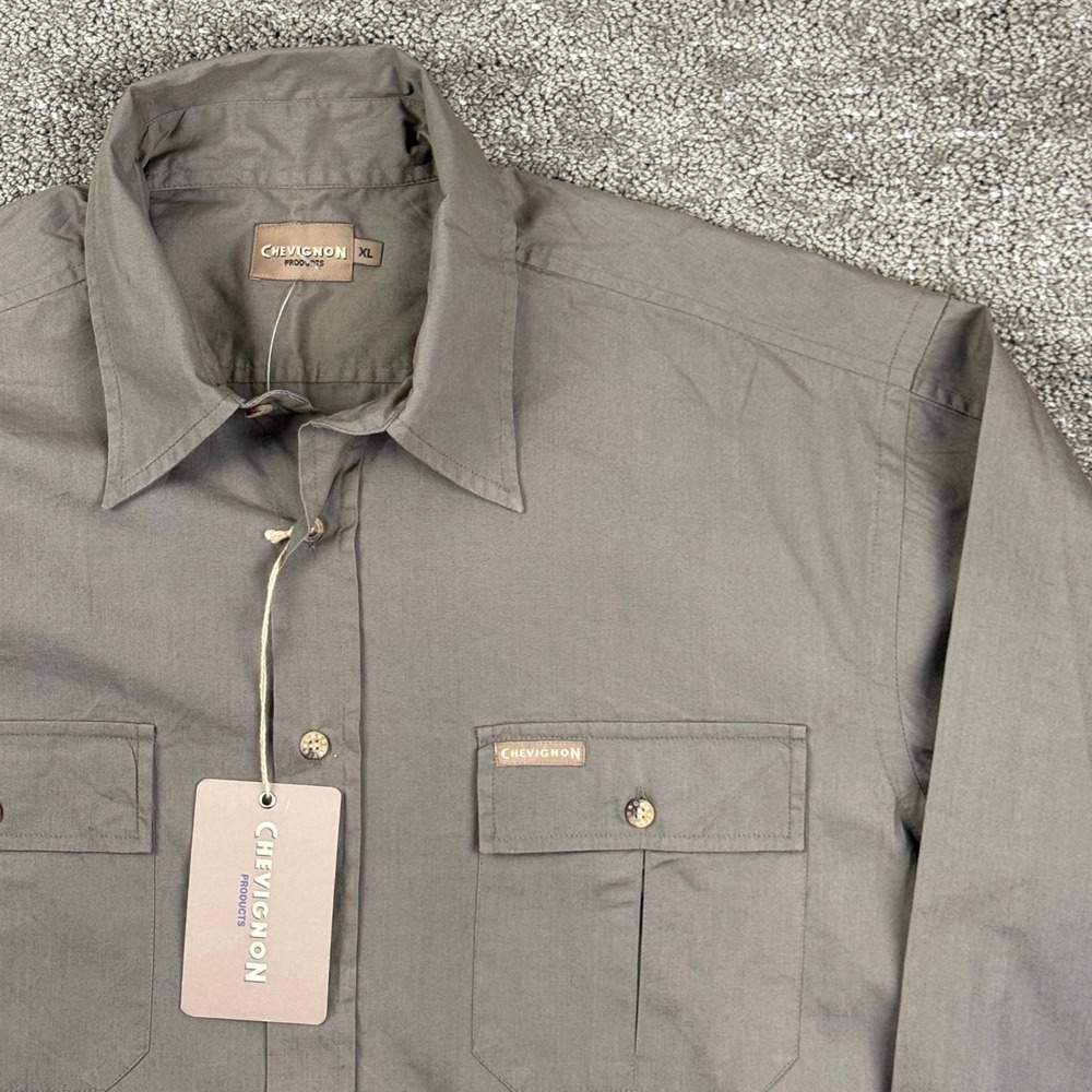 Chevignon Made in France XL NWT Gray Utility Button Shirt 100% Cotton Argile